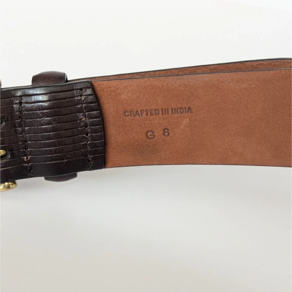 Cole Haan Mens 36 Brown Etched Leather Belt Solid Brass Buckle Double Prong